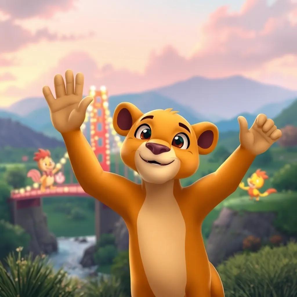 Leo waving goodbye to his friends—Sparkle, Blitzy, and Flicker, the bridge sparkling behind him, colorful landscape in the background, warm and inviting atmosphere, digital illustration, heartwarming, high quality