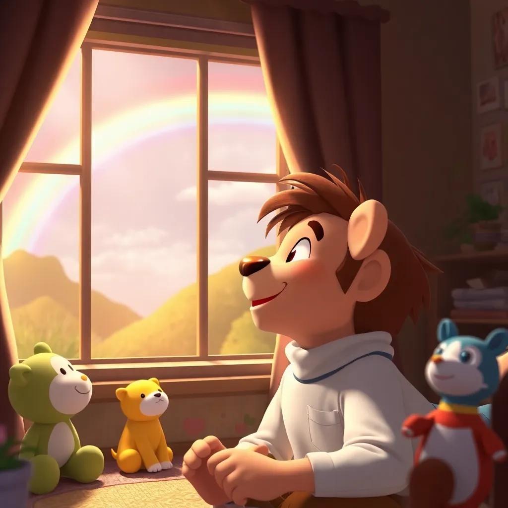 Leo at home, looking out the window at the rainbow in the sky, happy expression, memories of his adventure, cozy room with toys around, digital art, uplifting scene, high quality