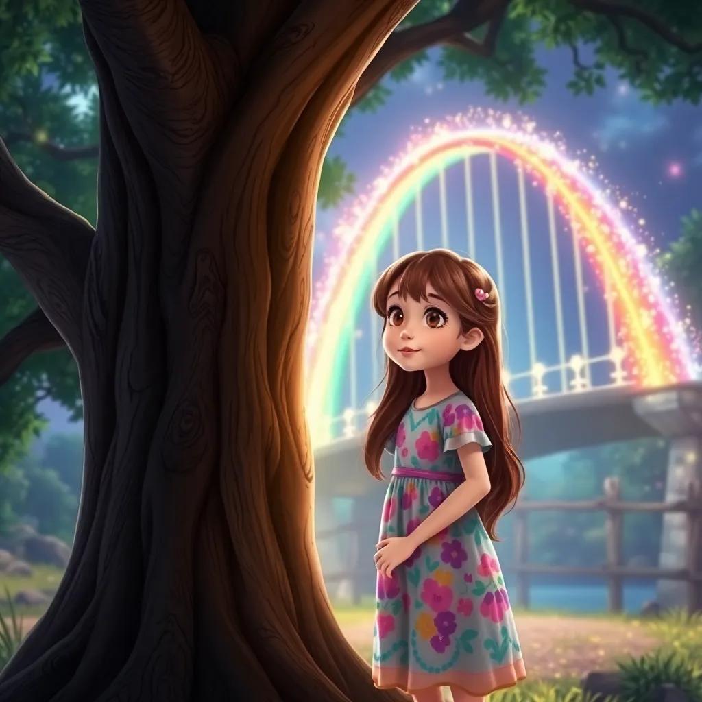 A curious girl, Emma, with long brown hair, wearing a colorful dress, standing at an oak tree looking at a shimmering rainbow bridge, digital art, vibrant colors, magical atmosphere, inviting perspective, high quality