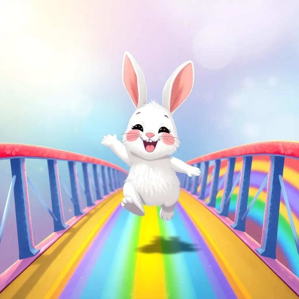A joyful fluffy rabbit, Benny, with soft white fur and big ears, bouncing across the magical rainbow bridge towards Emma, colorful background, cheerful tone, illustration, child-friendly