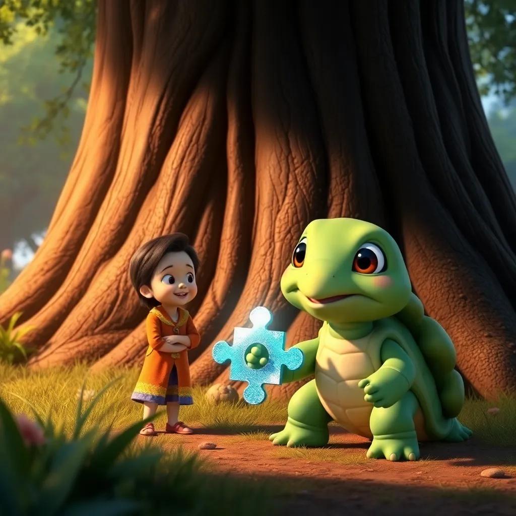 A friendly turtle, Tilly, with green shell and big round eyes, smiling as she shows Emma and Benny a shiny puzzle piece near a tall tree, warm sunlight, enchanting scenery, high quality