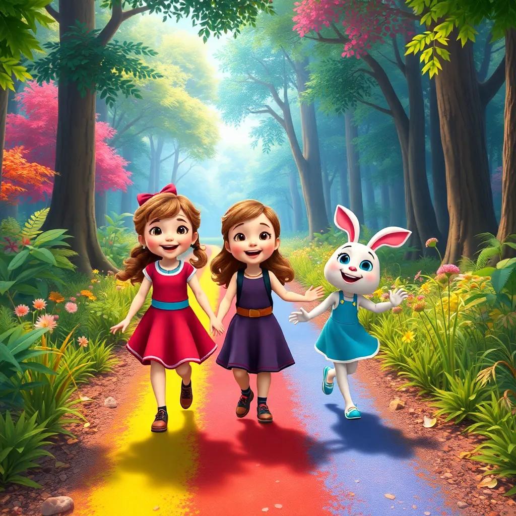 Emma, Benny, and Tilly walking together along the rainbow path, laughing and enjoying their adventure in a colorful forest, bright colors, happy atmosphere, detailed imagery, high quality