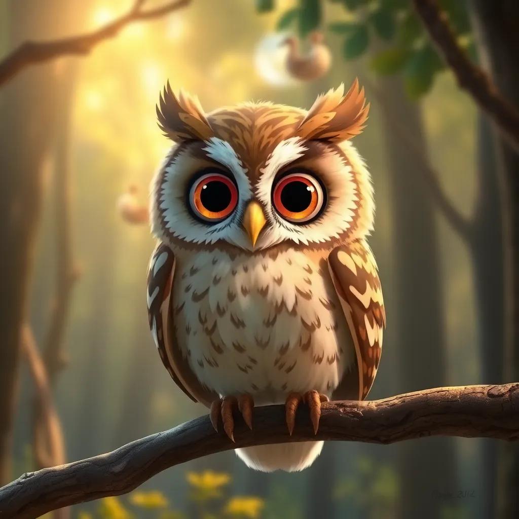 A wise owl, Oliver, with big eyes and feathers of brown and white, perched on a branch, guiding Emma, Benny, and Tilly with a gentle expression, sunlit forest background, warm details, soothing tone, high quality