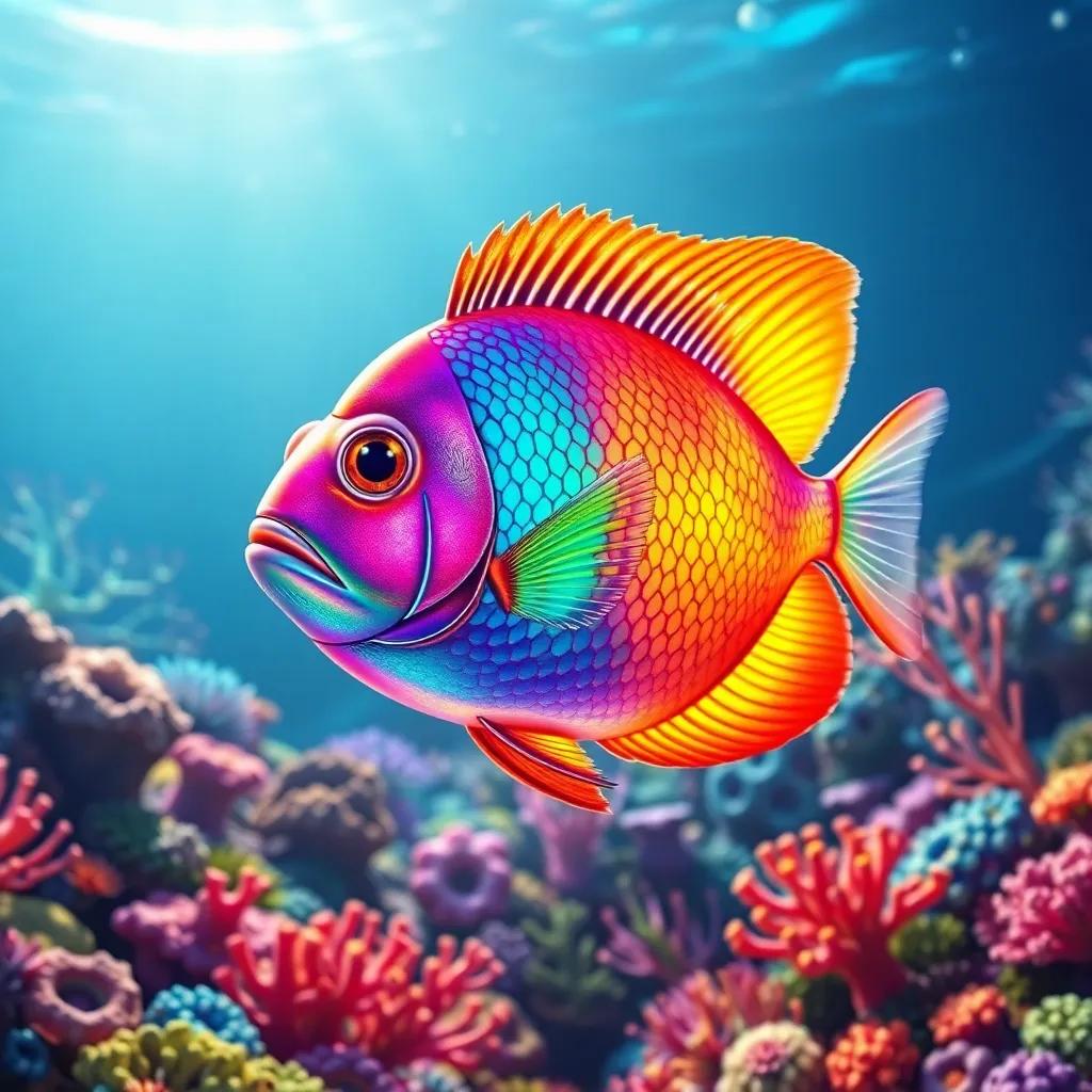 A stunning fish with shimmering rainbow scales swimming in a vibrant coral reef, colorful corals around, sunlight filtering through the water, detailed digital art, bright colors, cheerful atmosphere, high quality