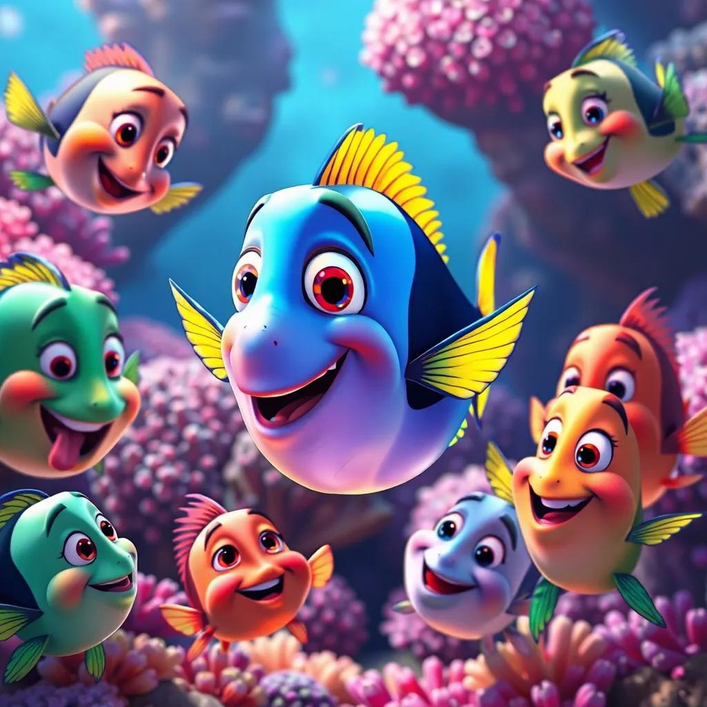A group of playful fish, with the Rainbow Fish in the center, others admiring her scales, coral reef in the background, joyful expressions, colorful and lively scene, digital illustration, delightful, high quality