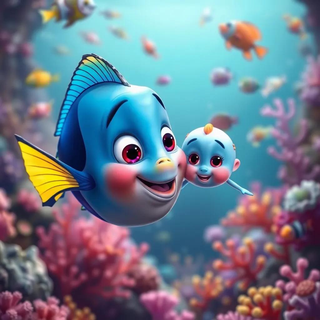 A little blue fish, Finn, swimming up to the Rainbow Fish, eager and friendly look, surrounded by colorful corals and other fishes in the background, heartwarming, bright colors, charming art, digital painting, high quality