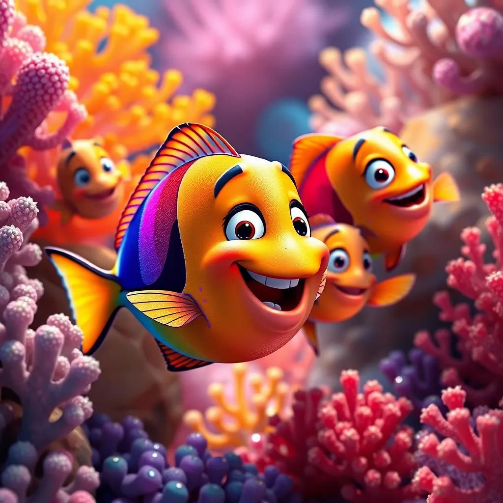 Rainbow Fish happily playing hide and seek with her friends among the colorful corals, each fish with shining scales, laughter and joy in their play, colorful underwater scenery, playful mood, digital art, detailed, vibrant