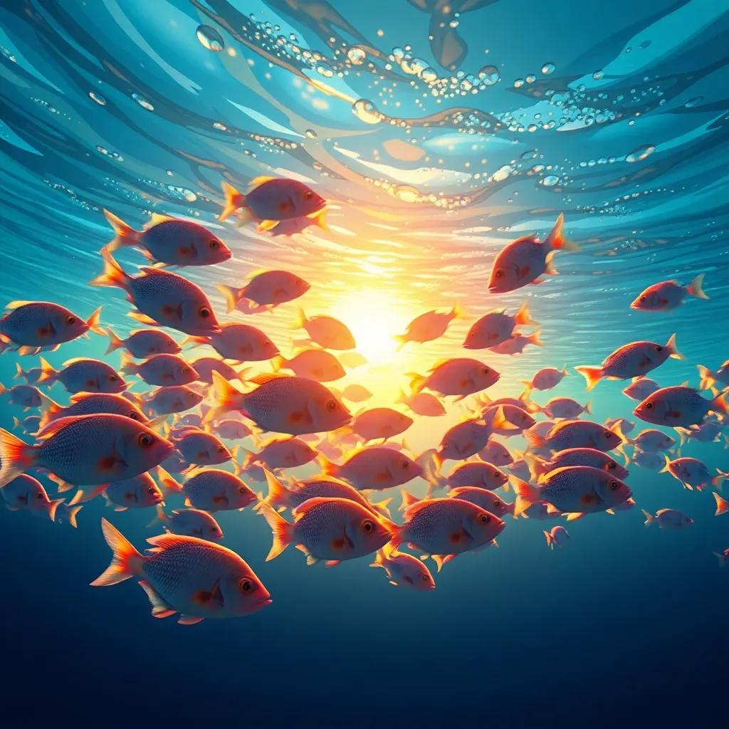 The school of fish swimming towards the surface, glowing under the sunset, their colors sparkling and reflecting the sunlight, showing their beautiful scales, feeling of unity and joy in the water, breathtaking scenery, digital painting, high quality