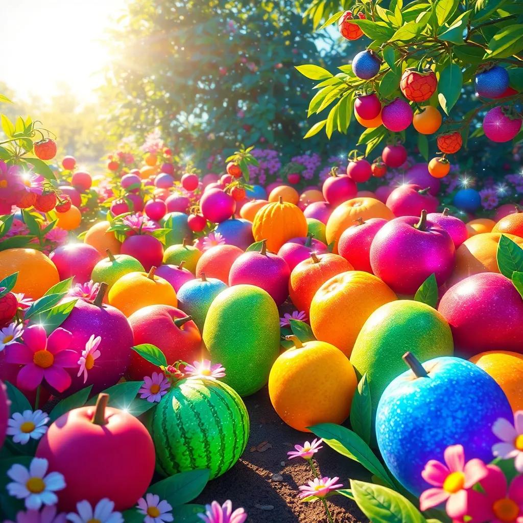 A colorful garden filled with sparkling magical fruits in every hue, sunlight shining brightly, flowers blooming around, a joyful and inviting atmosphere, digital art, vibrant and cheerful, high detail