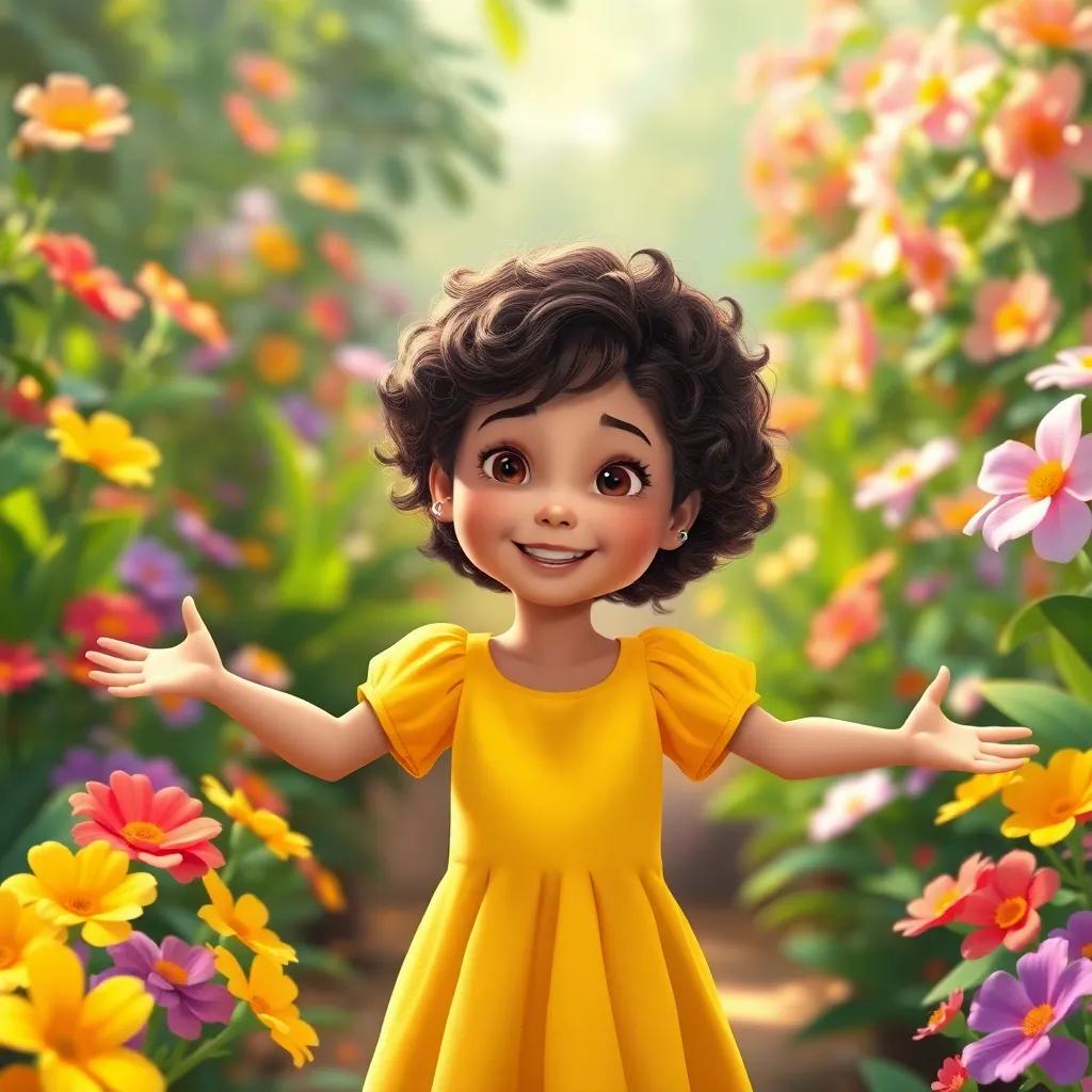 A young girl, Mia, with curly brown hair, wearing a bright yellow dress, smiling with open arms in her vibrant garden, surrounded by blooming flowers, digital painting, happy expressions