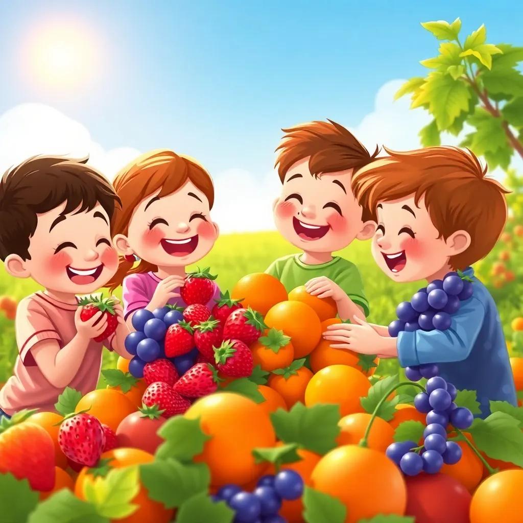 Children gathering fruits including red strawberries, orange oranges, and purple grapes, the sun shining as they laugh and pick the fruits together, playful scene, illustration, vivid colors, child-friendly
