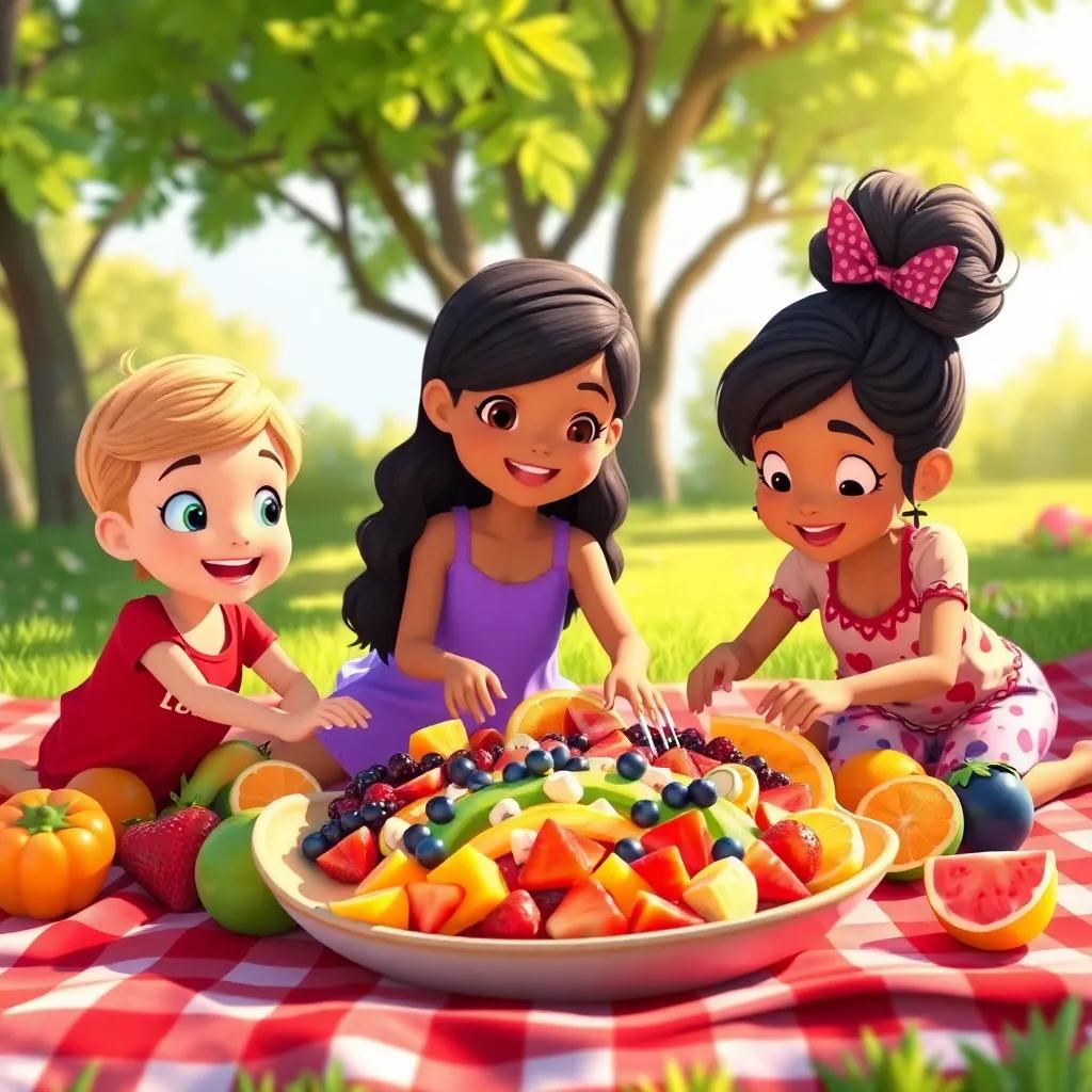 Mia and her friends making a Rainbow Fruit Salad with colorful fruits on a large picnic blanket, a sunny day with green trees in the background, cozy and warm lighting, illustration, delightful