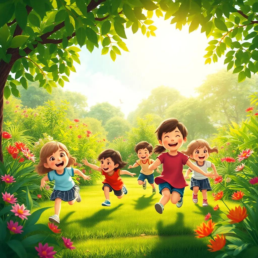 A group of children playing games in the garden under the sunlight, laughing and running, the garden lush and colorful, detailed illustration, joyful atmosphere