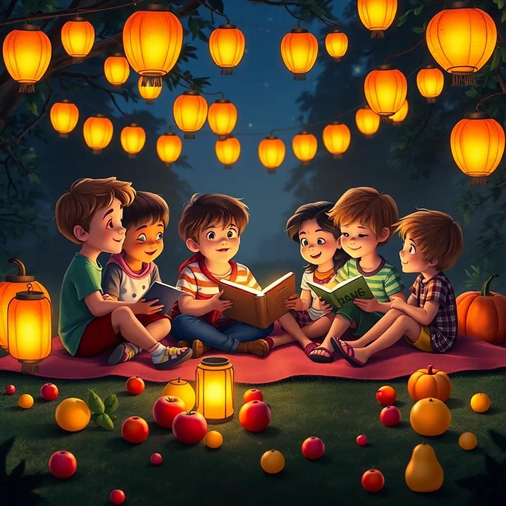 Children sitting on a blanket sharing stories while surrounded by glowing lanterns at night, colorful fruits scattered around, a warm and inviting scene, digital art, magical touch, rich colors