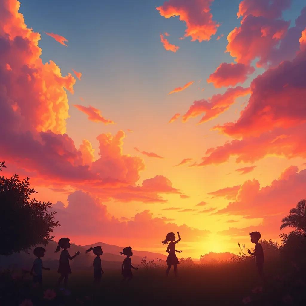 A sunset sky filled with vibrant colors, with silhouettes of children playing in Mia's garden, peaceful and magical ambiance, illustration, high detail, picturesque