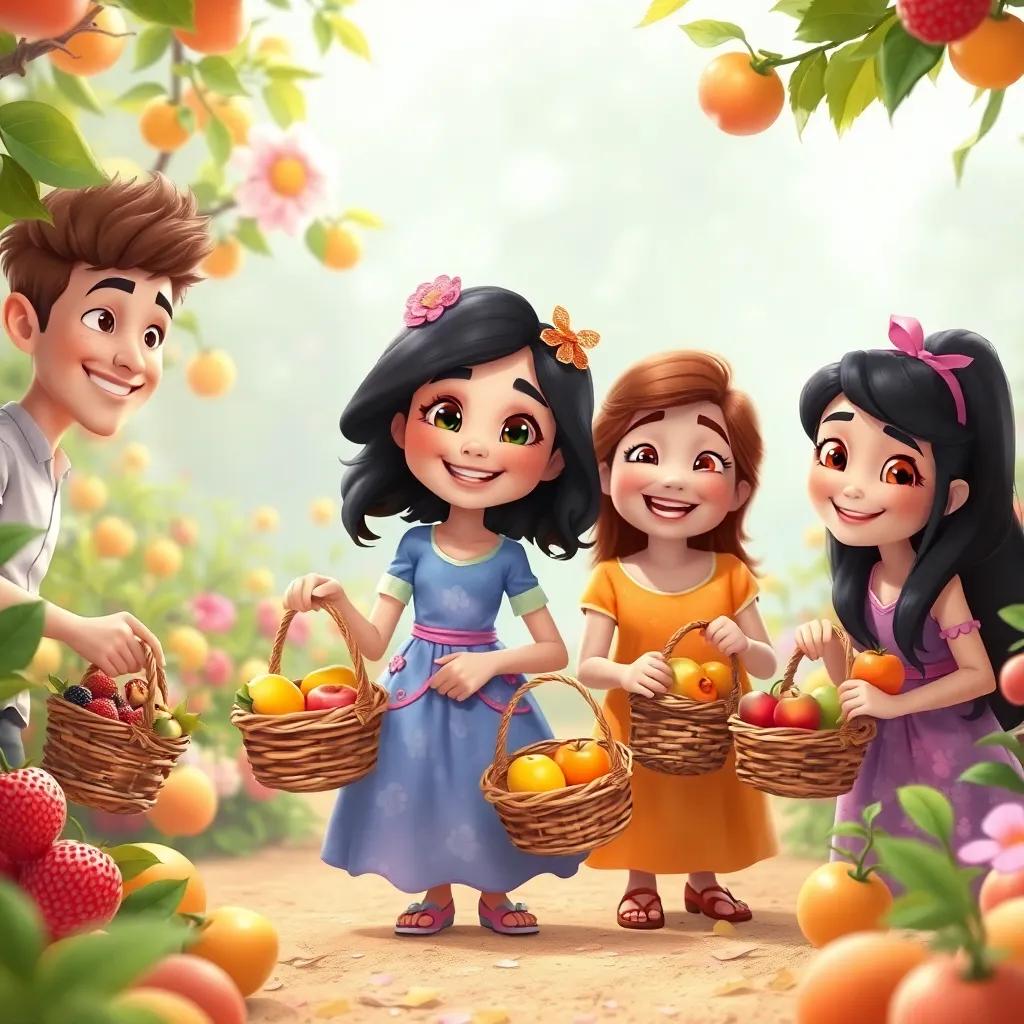 Mia with her friends, posing with their baskets of fruits, smiles all around in her magical garden, warm and joyful atmosphere, detailed digital art, friendly