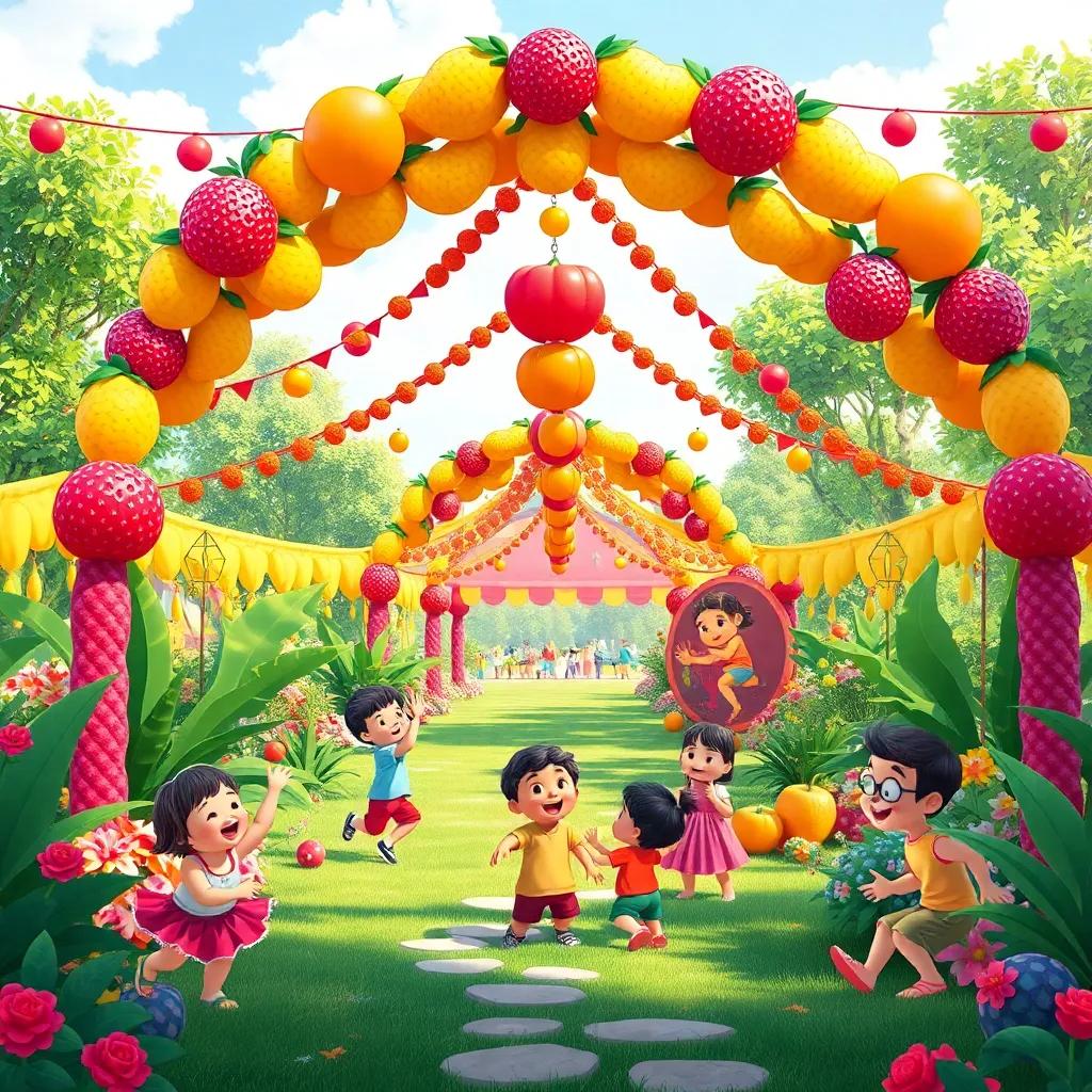A beautiful garden scene during the Rainbow Fruit Festival with colorful arches and decorations, children playing and enjoying, convey joy and togetherness, illustration, highly detailed, festive