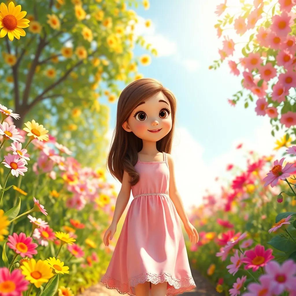 A young girl, Mia, with long brown hair, wearing a light pink dress, walking in her bright garden filled with colorful flowers, sunny sky, cheerful atmosphere, digital art, vibrant colors, warm light, high quality