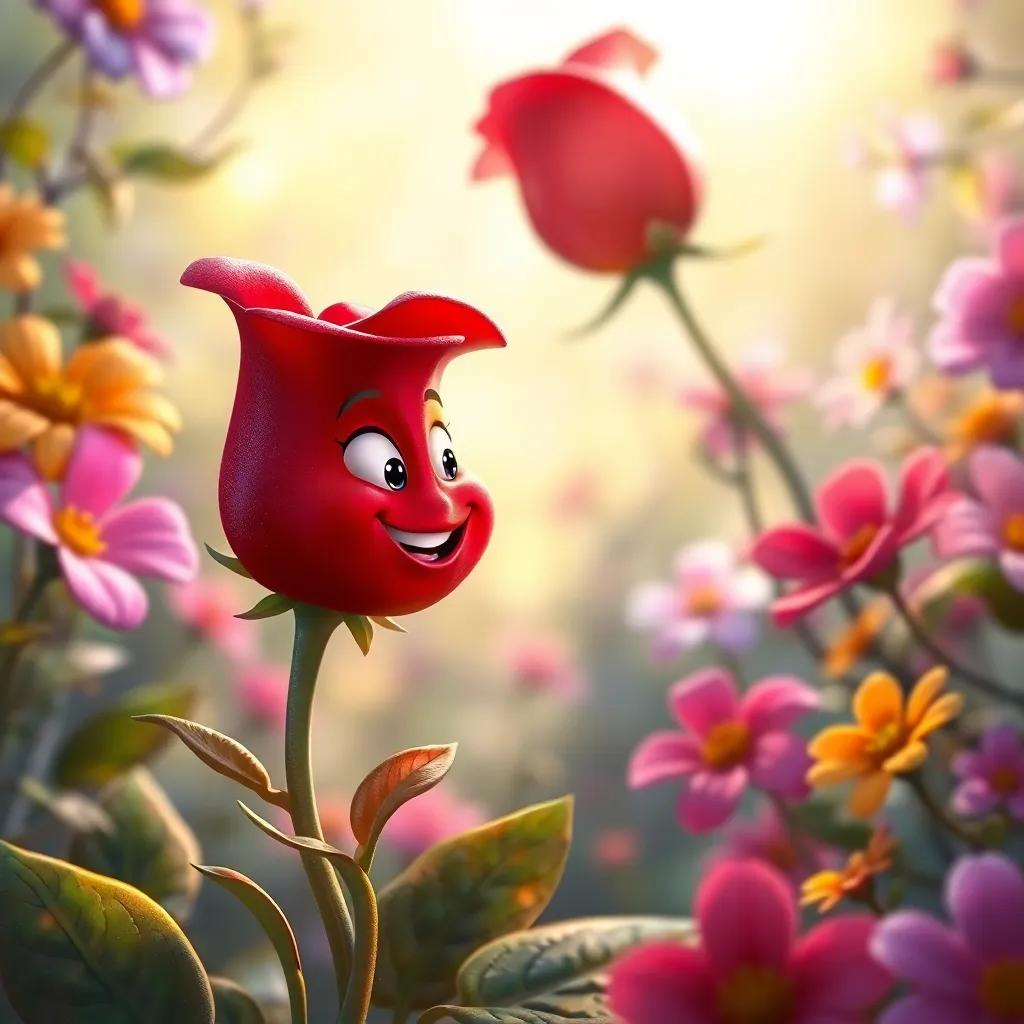 A red rose, smiling and glowing, talking to Mia, with other colorful flowers around, bright and magical garden environment, digital art, whimsical style, colorful, high quality