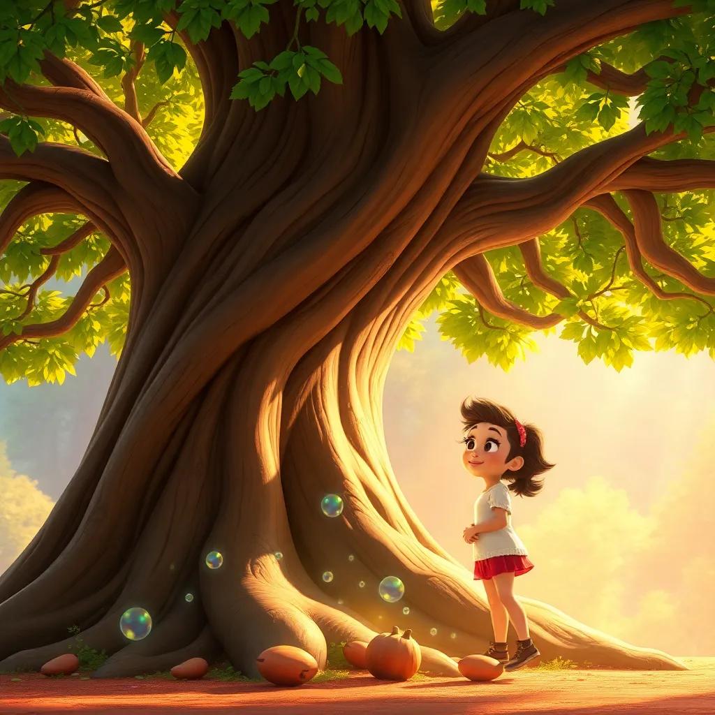 A tall, wise tree with a wide trunk and bright green leaves, with magical seeds sparkling at its roots, Mia looking excited and curious, warm sunlight, fantasy atmosphere, digital art, detailed, high quality