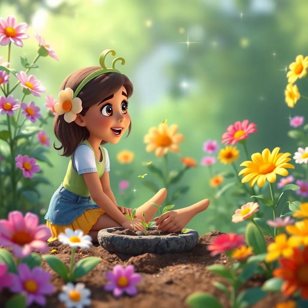 Mia planting seeds in her garden, speaking kind words, flowers around her blooming with bright colors, sparkling magic in the air, cheerful and lively atmosphere, digital art, vibrant, high quality