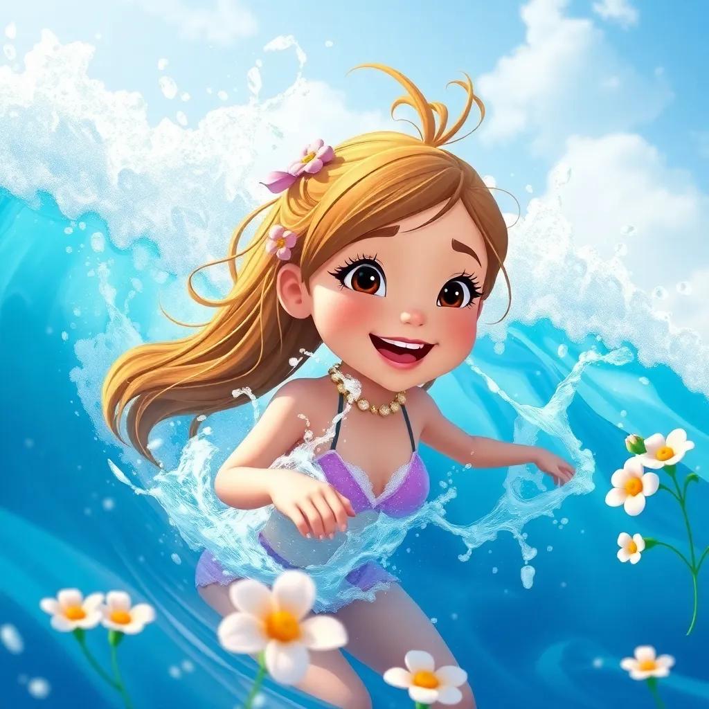 Mia splashing and playing with blue ocean waves, bluebell flowers nearby, having fun and enjoying the summertime, cheerful ambiance, digital art, vibrant colors, detailed, high quality