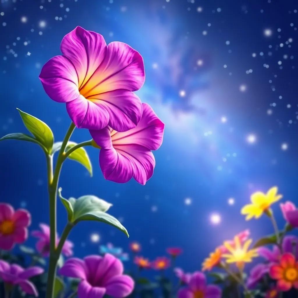 A purple petunia swaying gently under starry night sky, Mia dancing with colorful flower friends, magical twinkling stars and glow, cheerful and lively atmosphere, digital art, vibrant, high quality