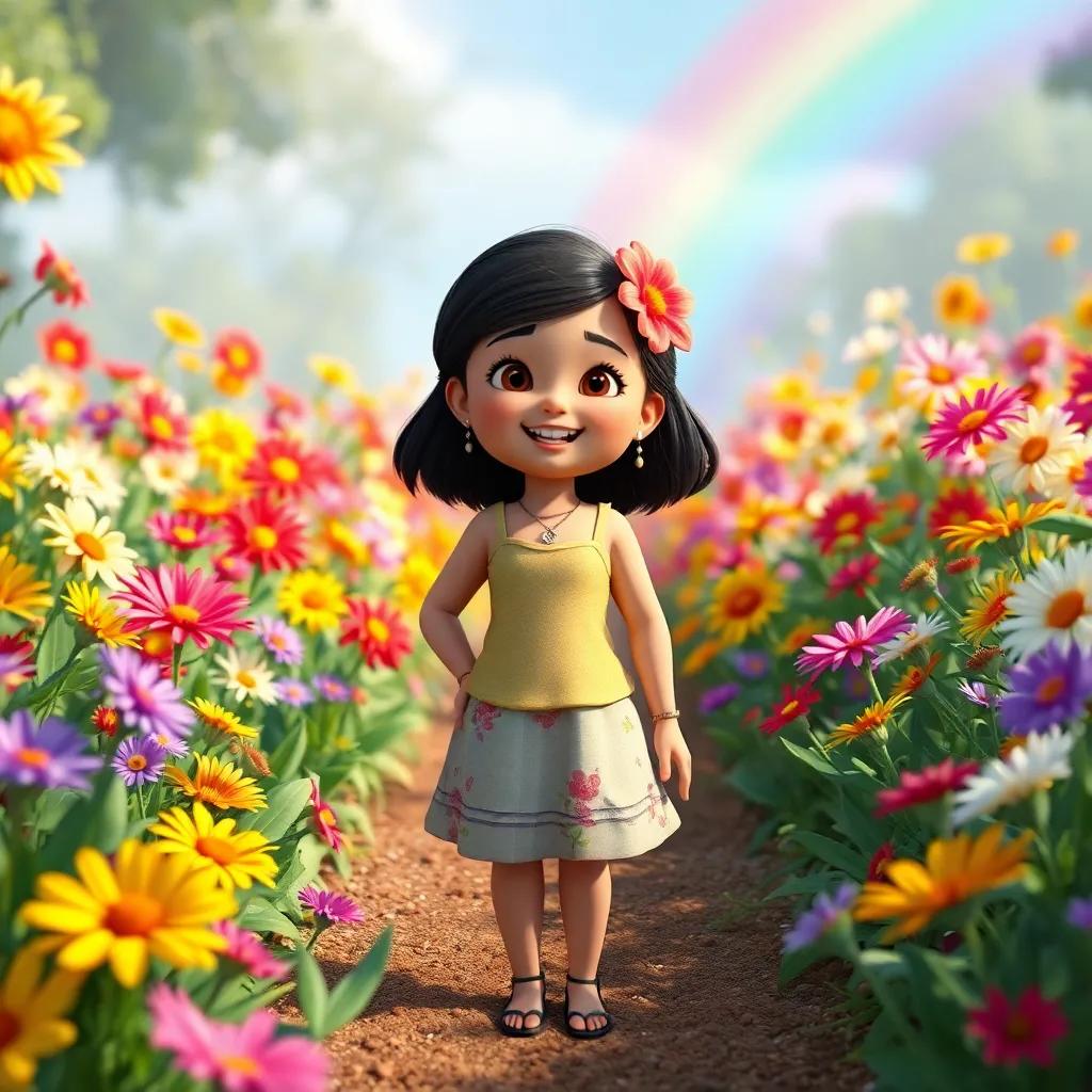 Mia standing happily in her rainbow garden, filled with bright colorful flowers, flowers around her thanking her, cheerful and magical ambiance, digital art, bright and colorful, high quality