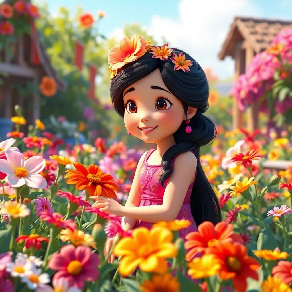 Mia visiting her blooming garden every day, surrounded by vibrant flowers, embodying joy and love, colorful and warm scenery, digital art, enchanting, high quality