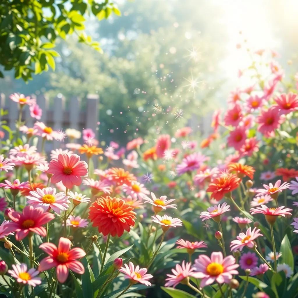 A magical transformation of the garden with colors coming back to life, showcasing flowers sparkling and dancing, bright and cheerful atmosphere, digital art, vibrant colors, high quality