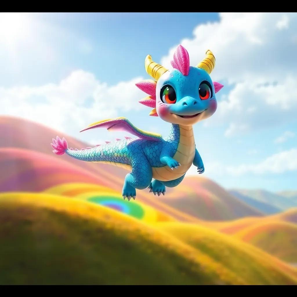 A kind dragon named Rainbow with shimmering colorful scales, flying over vibrant rainbow hills, bright sunlight, dreamy landscape, digital art, high quality, whimsical