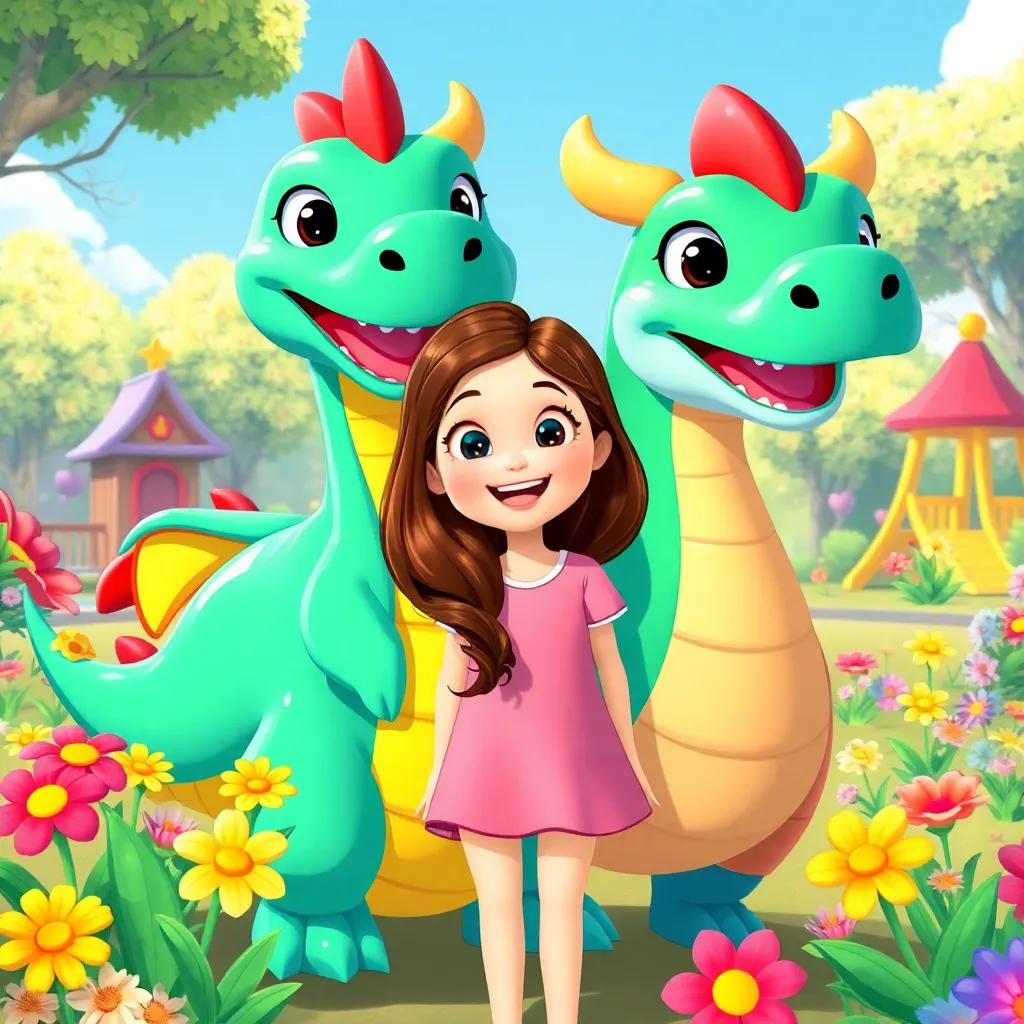 A cheerful girl named Lily with long brown hair, standing beside Rainbow the dragon, smiling and excited, surrounded by colorful flowers and a playground, bright colors, joyful atmosphere, illustration