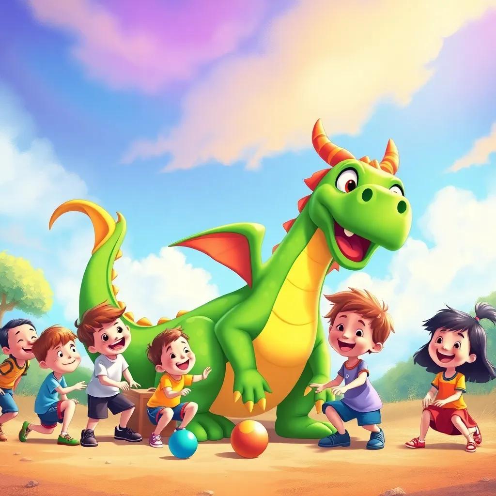 Rainbow the dragon, beside a group of happy children playing a game together, filled with laughter, colorful sky and cheerfulness, vivid illustration, heartwarming scene