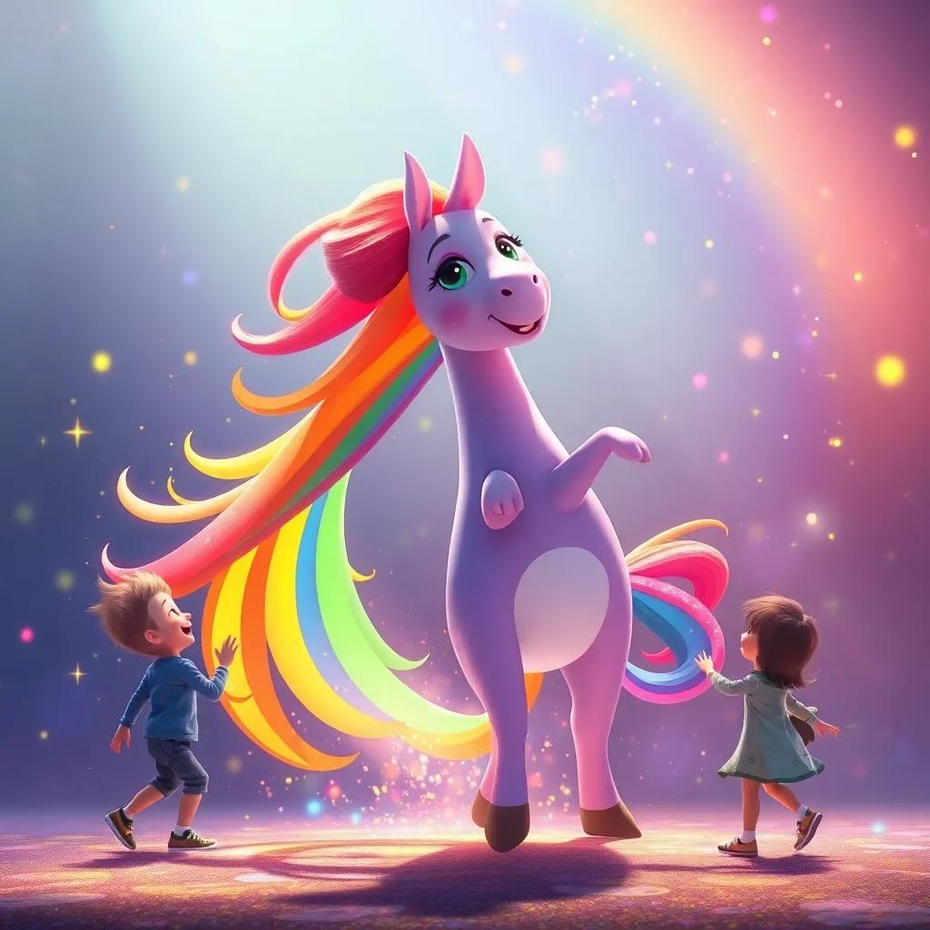 Rainbow waving his colorful tail, creating a colorful breeze around children, colors sparkling in the air, magical atmosphere, digital art, inviting and enchanting