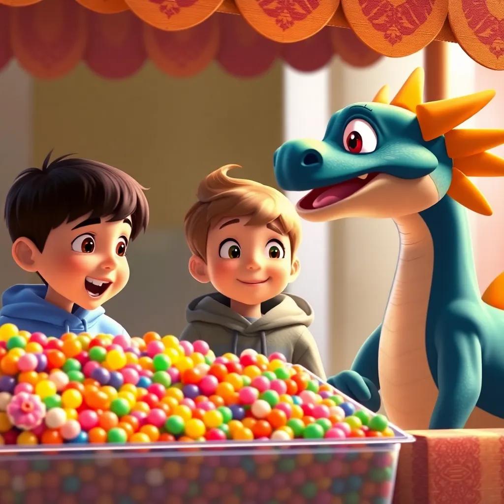 Children looking at a stall filled with colorful candies, excited expressions, Rainbow the dragon encouraging them from the side, bright colors, warm and joyful scene