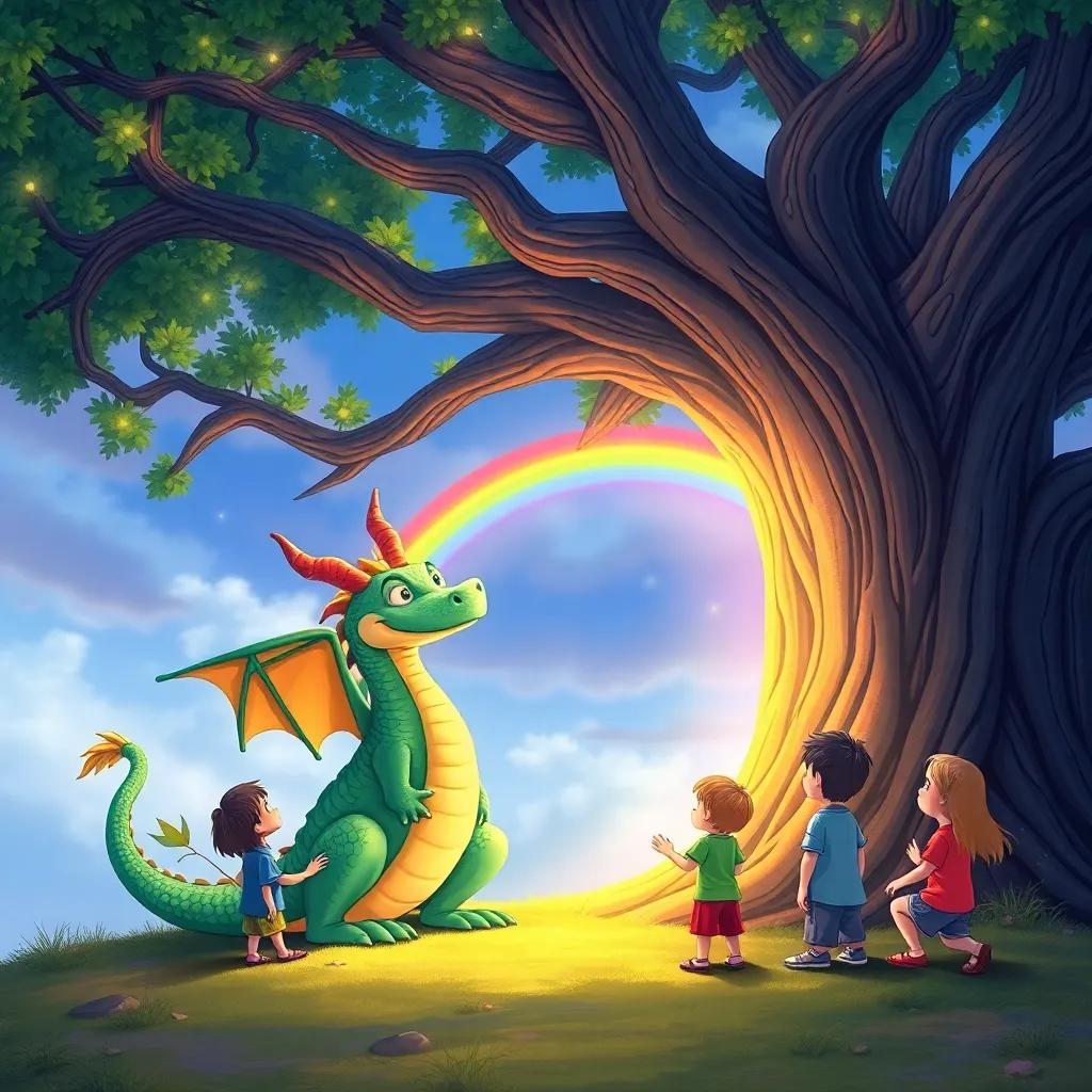 Rainbow the dragon with children under a great oak tree showing them how to create a magical rainbow, glowing colors in the sky, friendly and playful atmosphere, detailed illustration