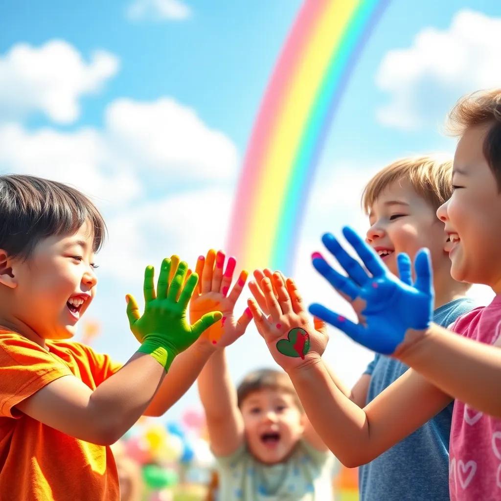 Children creating a magical rainbow together, hands painted in different colors, laughter and joy, summer festival background, bright and colorful scene, joyful