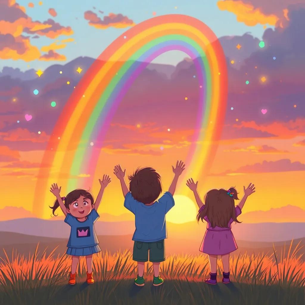 Rainbow scattering colorful sparkles in the sky as the sun sets, children waving goodbye with happy faces, warm colors of sunset, heartwarming goodbye scene, illustration