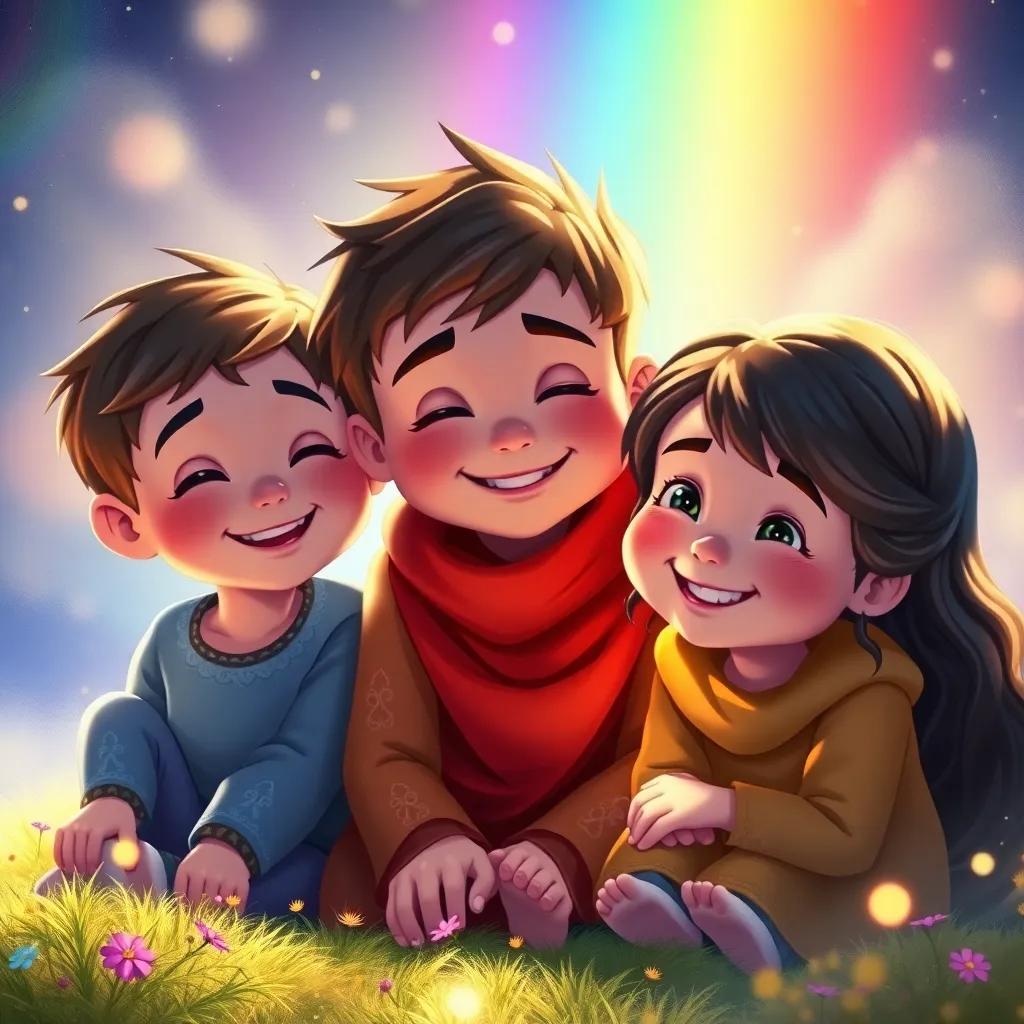 Children filled with love and happiness while they remember the lessons of the Rainbow King, smiles and rainbow hues around them, touching and joyful scene, detailed digital art