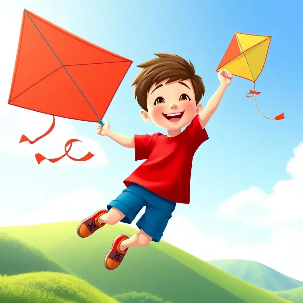 Timmy, an 11-year-old boy with short brown hair, wearing a bright red t-shirt and blue shorts, flying a colorful kite high above green hills, joyful expression, sunny sky, children’s storybook style, cheerful, high quality