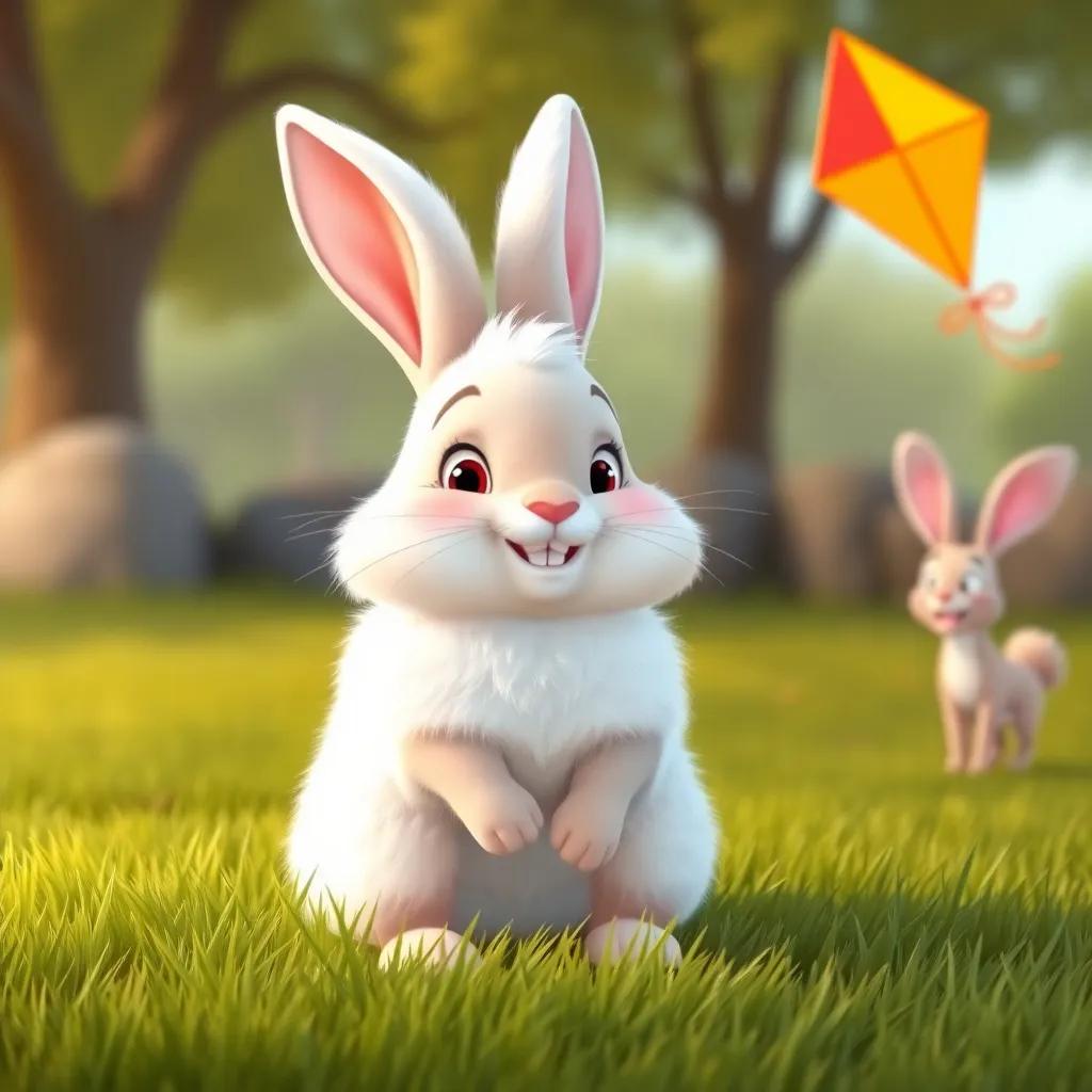 A friendly rabbit with fluffy white fur, sitting on soft green grass and smiling at Timmy and Skye, colorful kite flying in the background, cartoonish style, warm colors, inviting scene, child-friendly, high quality
