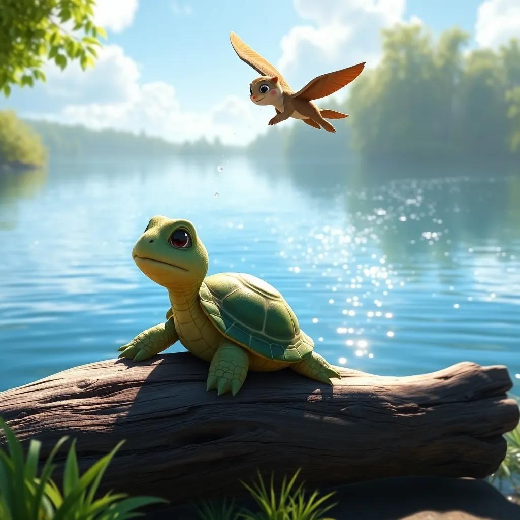 A wise old turtle with a green shell, sunbathing on a log by a sparkling lake, with Timmy and Skye flying above, tranquil atmosphere, natural colors, enchanting view, high quality