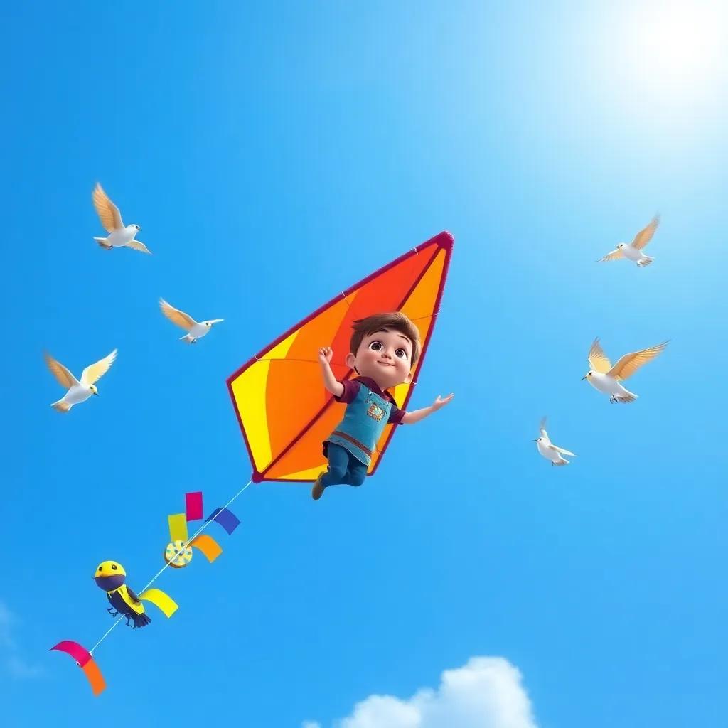 Skye, the colorful kite with bright stripes, soaring through the sky with Timmy, playful birds dancing around them, bright blue sky, vibrant colors, joyful adventure, child-friendly, high quality