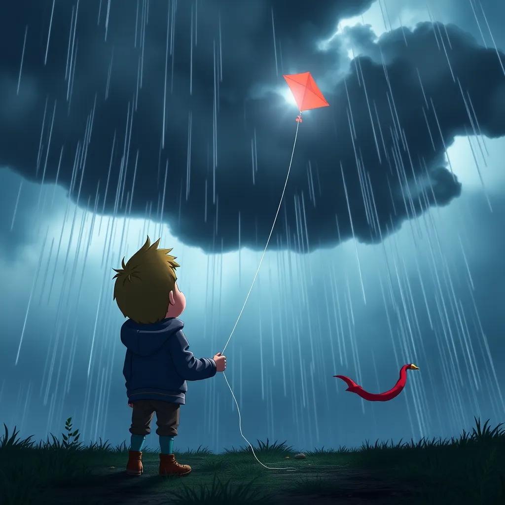 Timmy and Skye facing a dark storm cloud, with rain beginning to fall around them, Timmy holding the kite string tightly, dramatic atmosphere, contrasting colors, adventurous scene, high quality