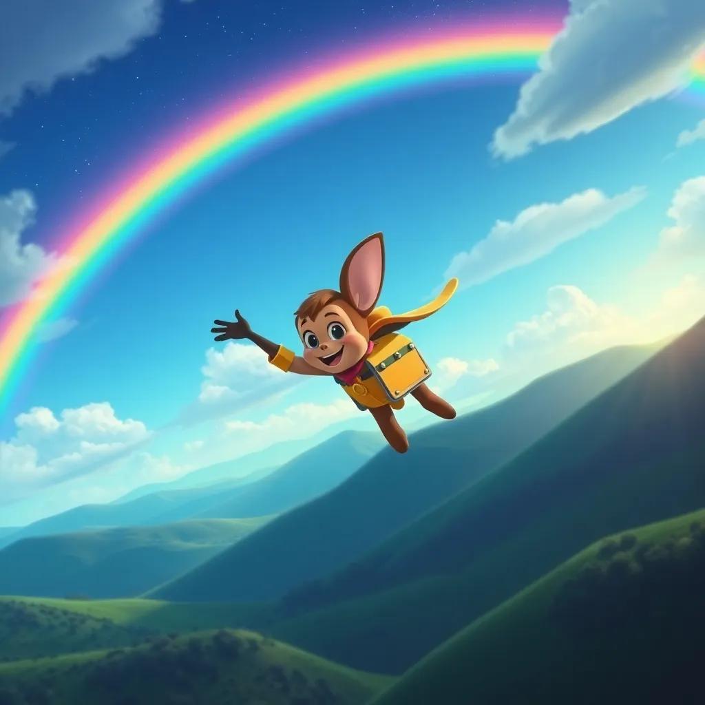 Timmy and Skye soaring toward a brilliant rainbow in the sky, the colorful arc stretching over green hills and sparkling with light, magical illustration, vibrant colors, enchanting view, high quality