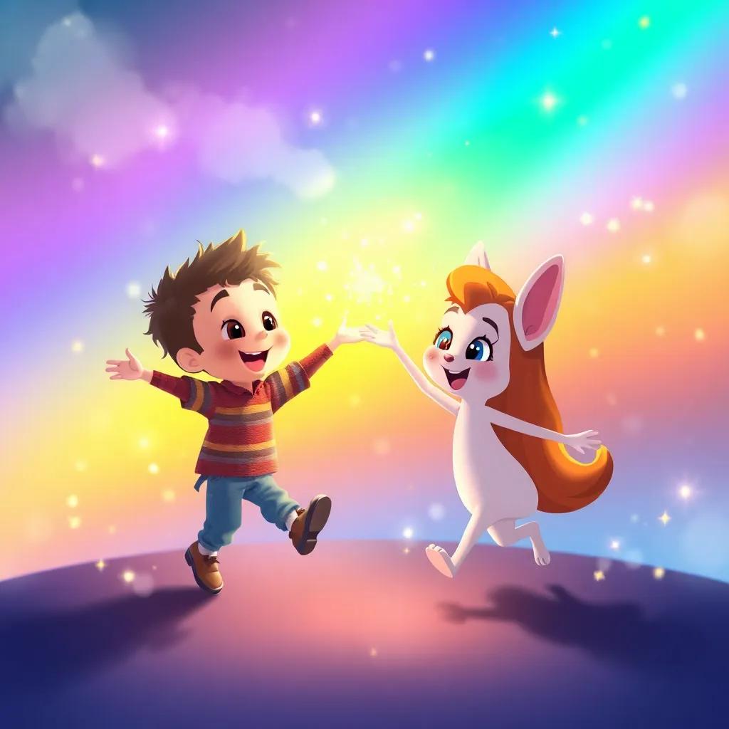 Timmy and Skye dancing around the edge of the rainbow, collecting sparkling drops of light, filled with joy and laughter, magical atmosphere, rainbow hues, festive style, high quality