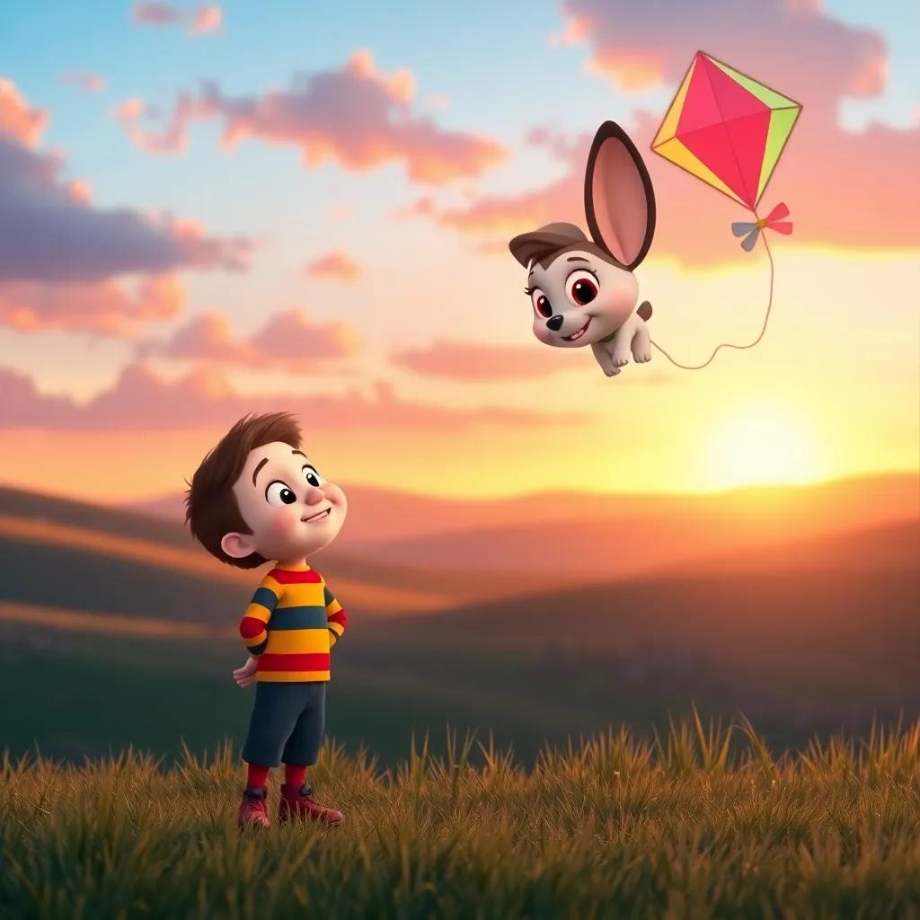 Timmy, standing in the hills at sunset, smiling at Skye, the colorful kite with a warm expression, soft pastel colors, heartwarming conclusion, inviting scene, high quality