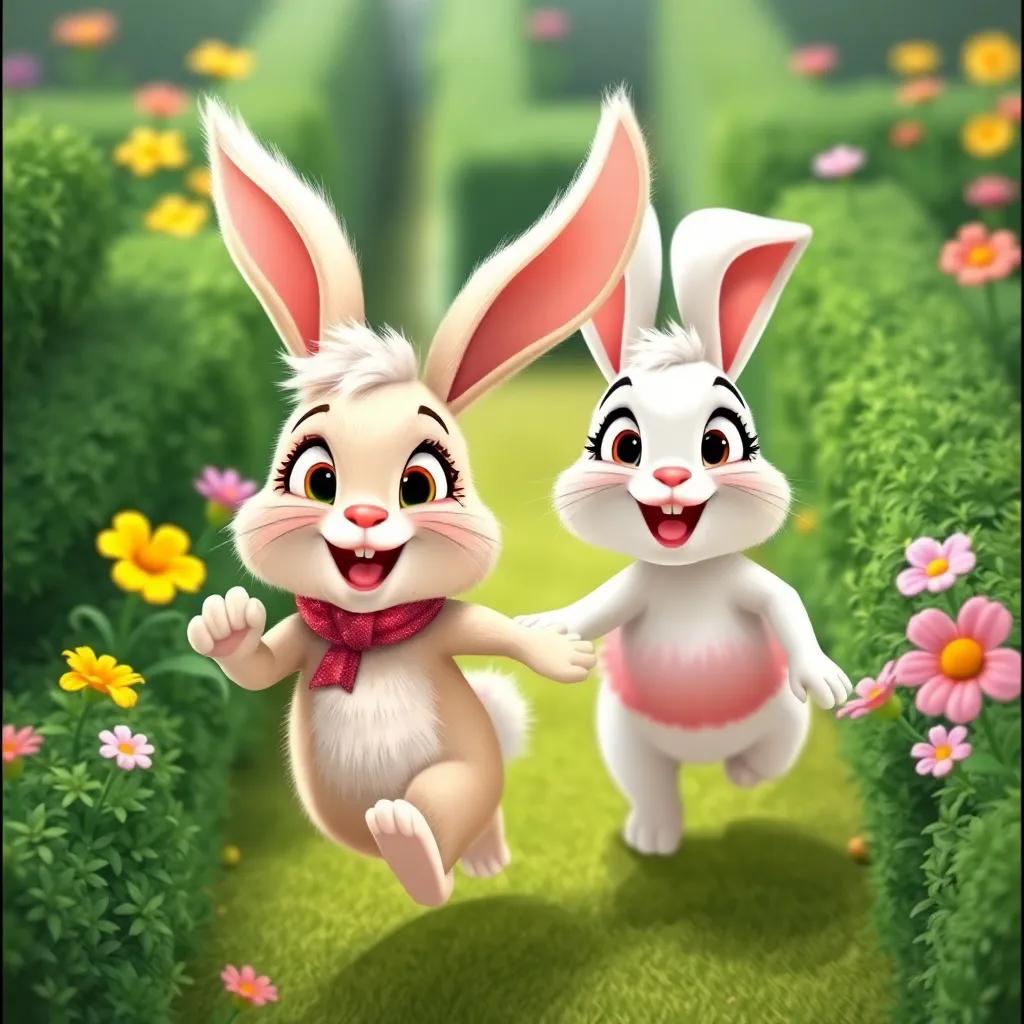 A cheerful rabbit named Ruby with fluffy white fur and big ears, hopping next to Leo, looking excited as they explore the maze together, colorful flowers in the background, digital illustration, fun and lively, high quality
