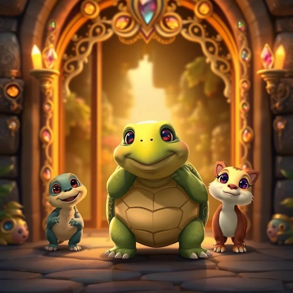 A wise old turtle named Tully with a friendly smile, standing at a golden gate adorned with sparkling jewels, Leo and Ruby looking curious and eager, magical garden behind the gate, digital art, detailed, warm colors, high quality