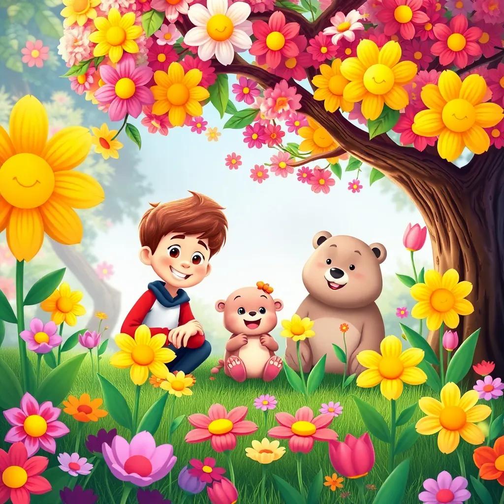 A beautiful garden with flowers that have smiling faces, Leo, Ruby, and a shy little bear named Benny, sitting together under a colorful tree, surrounded by singing flowers, playful and vibrant digital illustration, high quality
